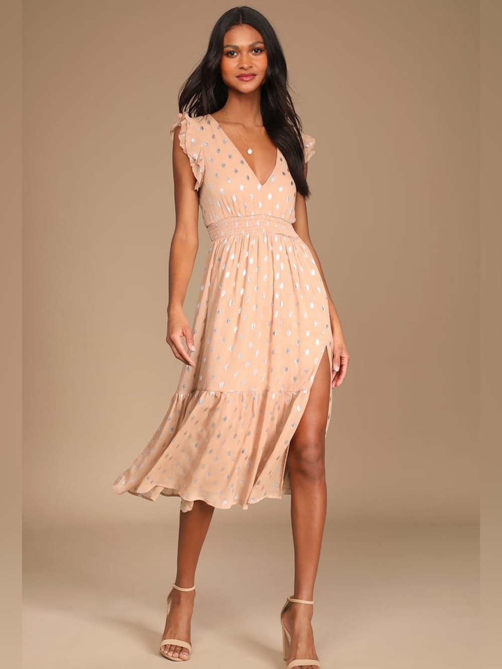 Lulus Peach Midi Dress with Silver Dot Print & Ruffle Detail